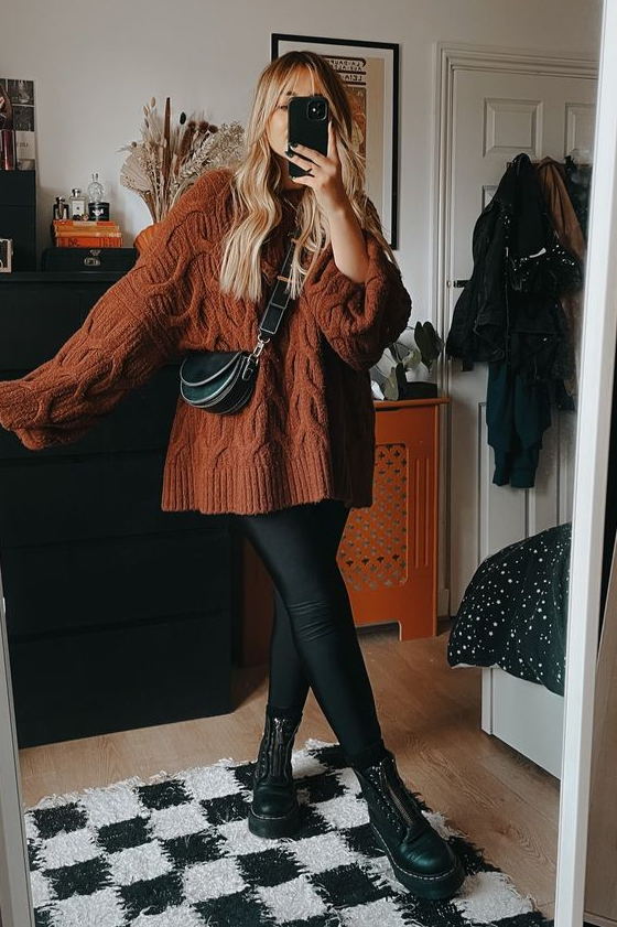 Fall Outfits 2023   Brown Oversized Cable Knit Sweater