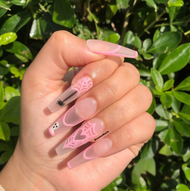Pink Spider Web Nails With Heart