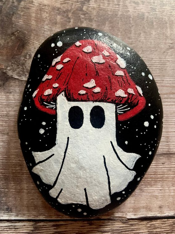 Pumpkin Painting Ideas   Hand Painted Mushroom Ghost Pebble Halloween Home Decor