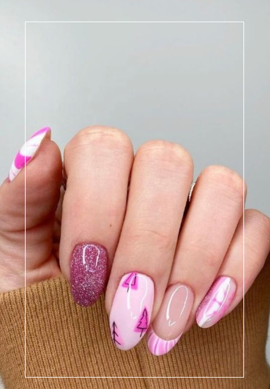 Almond Winter Nails   Step Into A Winter Wonderland Pink Tree Nails