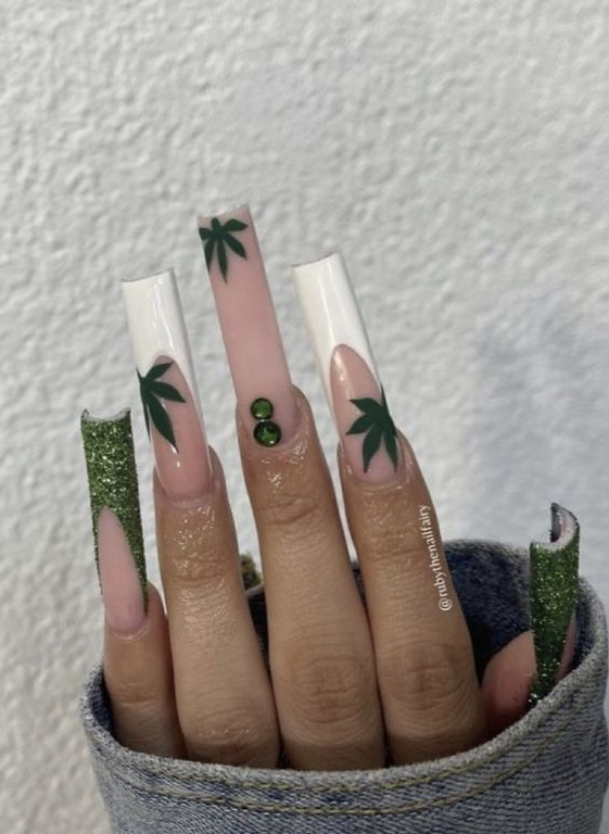 Classy Baddie Nails   Weed Acrylic Nails Whit French