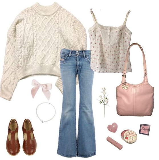 Coquette Outfit   Coquette Pink Floral Tank Comfy Knit Sweater Fit Outfit Moodboard Gilmore Girls