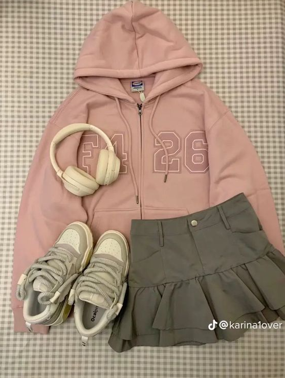 Coquette Outfit   Soft Softcore Aesthetic Pastel Pink White Grey Korean Outfit Inspo Fashion Style Clothes Streetwear Coquette Dollette Layered Miniskirt Hoodie Jacket