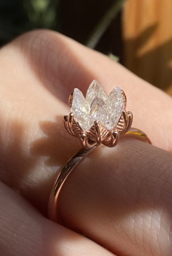 Fairytale Engagement Rings   Gold Lotus Flower White Ring Sterling Women Gift Jewelry Accessory Engagement Fashion New Girlfriend Elegant Stylish Pretty