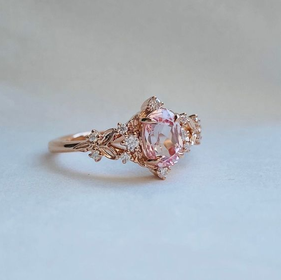 Fairytale Engagement Rings   Greta Whimsical Engagement Ring Gold Peach Sapphire Ring. LOTR Fantasy Sapphire Diamond Ring Enchanted Floral Butterfly Ring Eidelprecios
