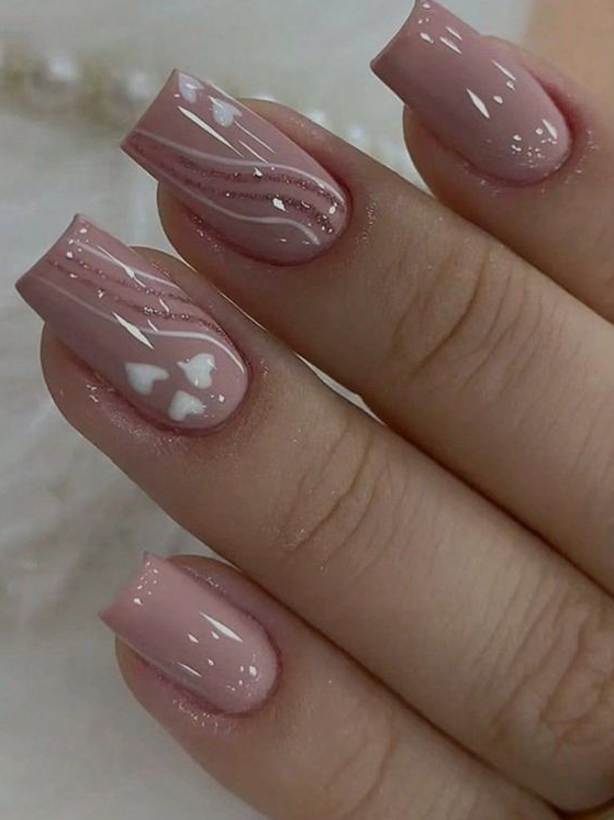 Simple Classy Baddie Nails   Elevate Your Style With Long Square Heart Pattern Full Cover Fake Nail Set