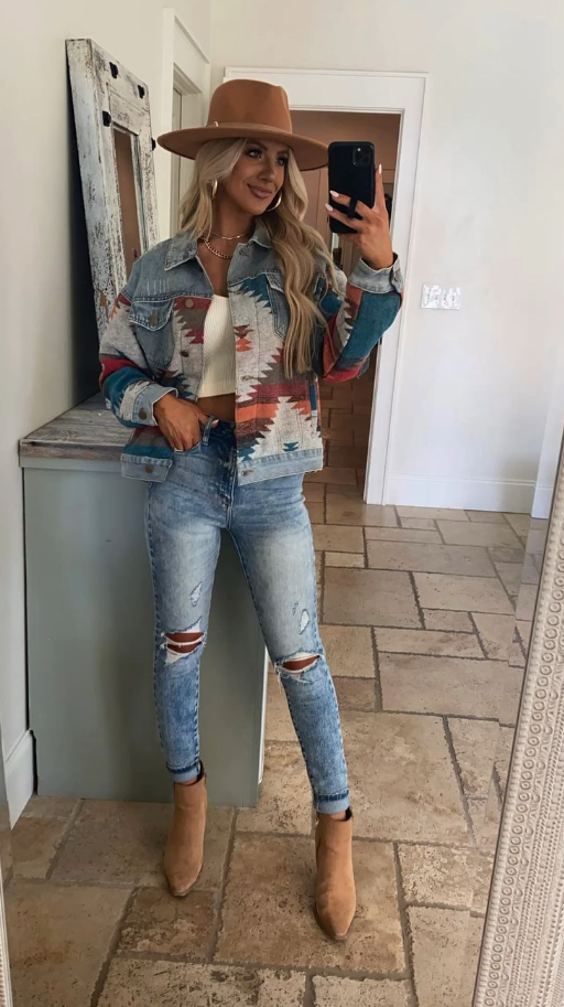 Western Outfits Women Fall   Boho Fall Fashion Style Flannel Plaid Shackets Fedora Jeans Booties Boots Chic Trendy Aztec Pink