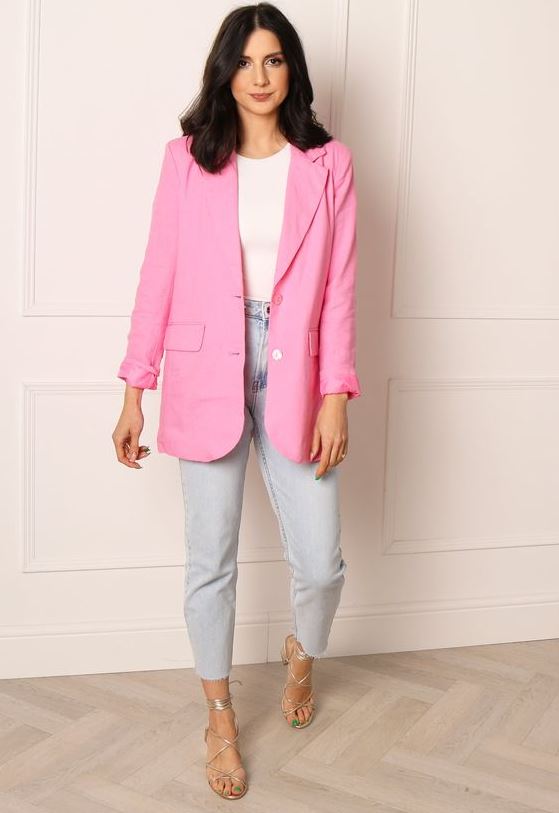 Relaxed Fit Linen Blazer In Pink