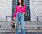 Sydne Style Wears Hot Pink Top With High Waist Jeans For Casual Galentines Day Outfit Ideas