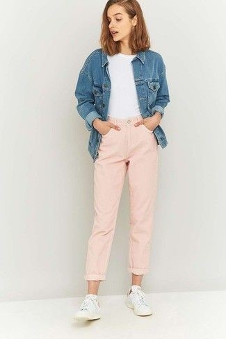 Women's Blue Denim Jacket White Crew Neck T Shirt Pink Boyfriend Jeans White Low Top Sneakers