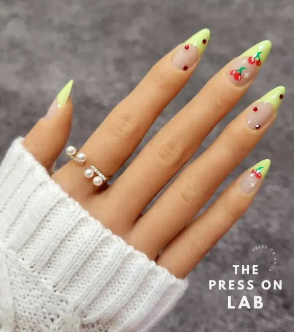 Spring Break Nail Ideas   Lime Green French With Cherries