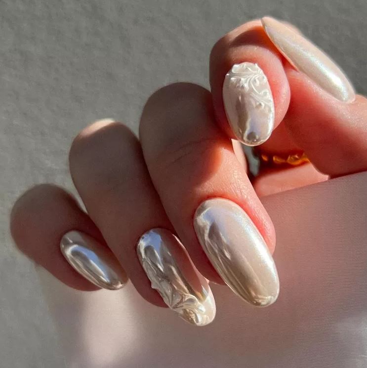 Spring Wedding Nail Ideas   3D White Chrome Nails