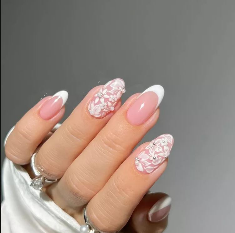 Spring Wedding Nail Ideas   3D White Floral Nails