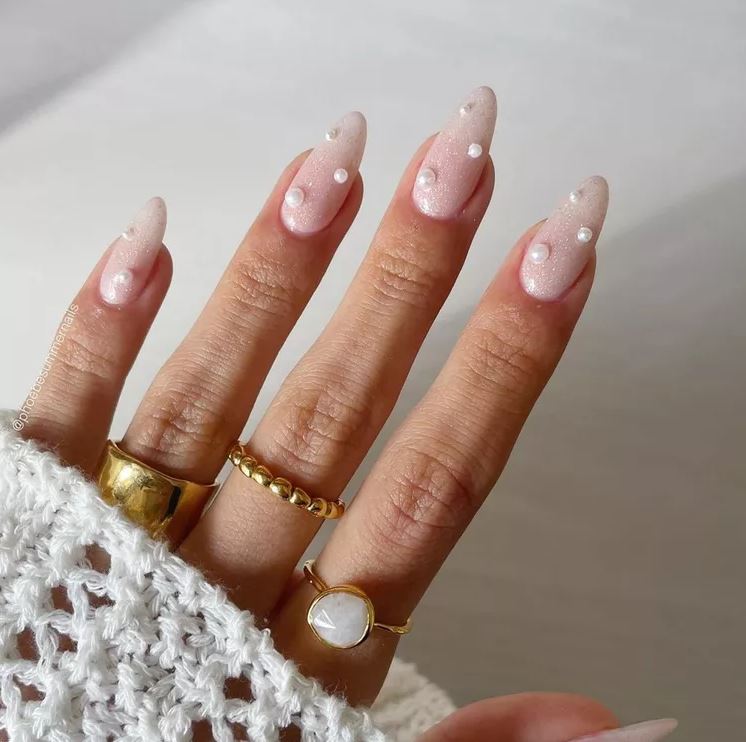 Spring Wedding Nail Ideas   Long Pearl Shimmer Nails