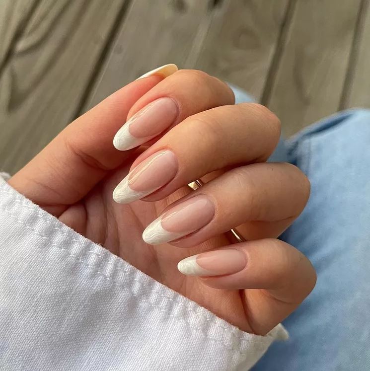 Spring Wedding Nail Ideas   Marbled Pearlescent White French Tips