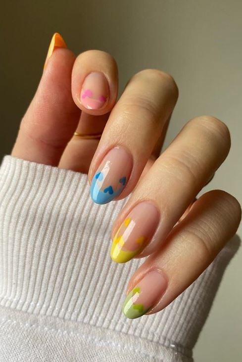 Bright Colorful French Tip Nails With Hearts