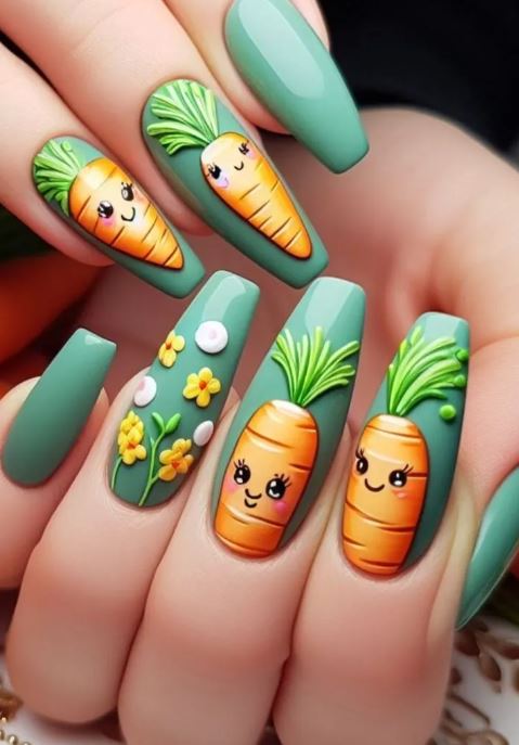 Cartoon Style Carrots On Green Nails Ideas
