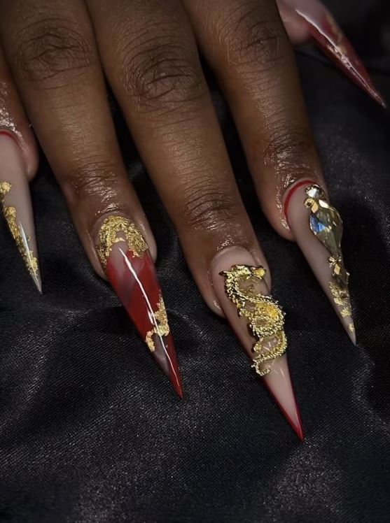 Extra Baddie Nails   Red And Silver Nails Gold Acrylic Nails Red And Gold Nails Gold Stiletto Nails Red Stiletto Nails Dragon Nails