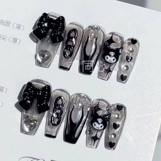 Kuromi Nails   Hello Kitty Nails Art Kawaii Nails Diy Rhinestone Nails Subtle Nails Dark Nail Art Bling Nails