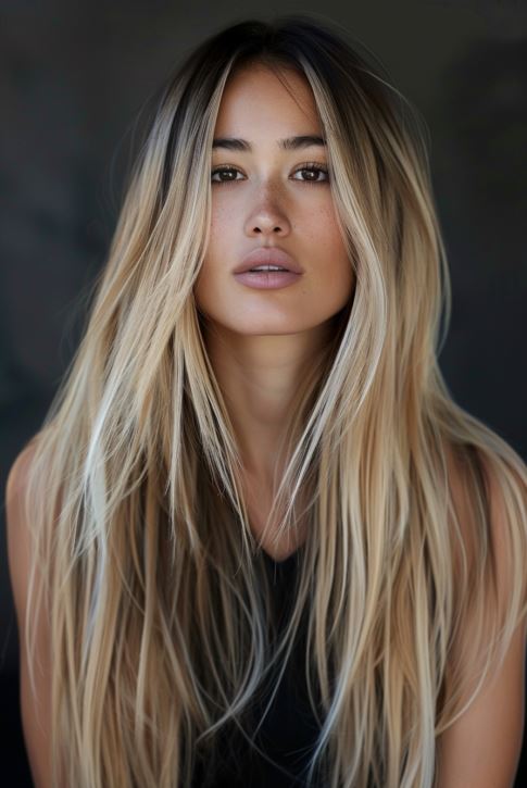 Long, Straight California Blonde Hair With Dark Roots
