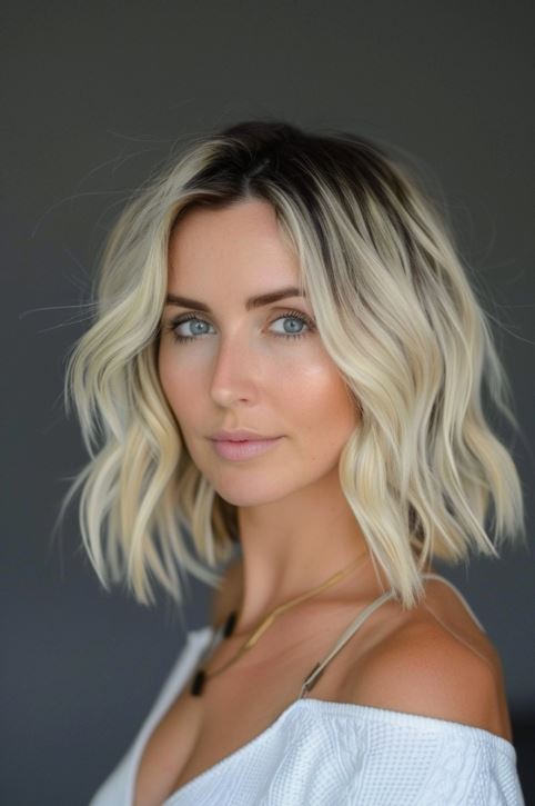 Tousled Bob In California Blonde With Dark Roots