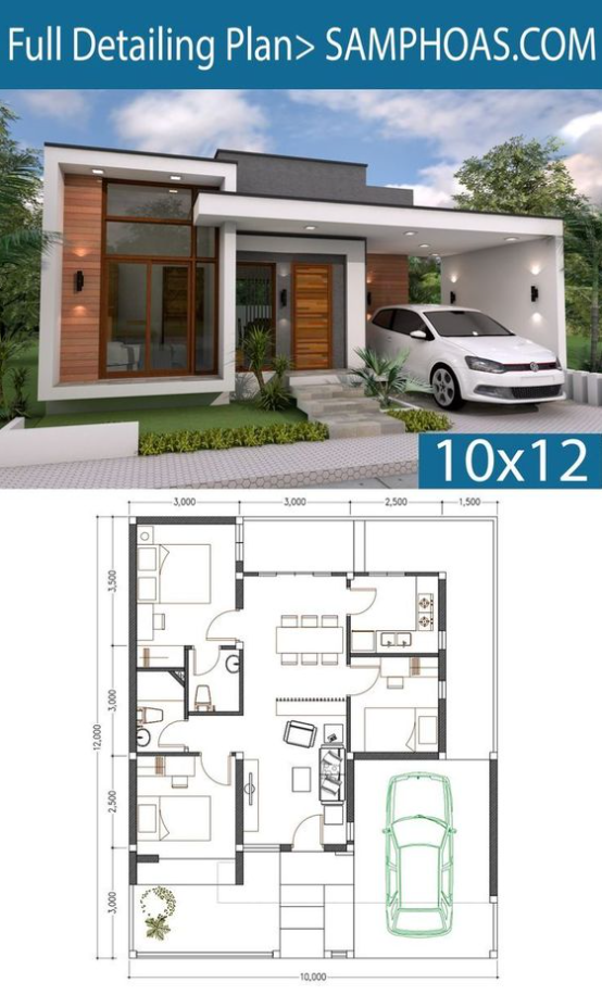 3 Bedroom Home Floor Plans   Modern House Plans 3d House Design 10x12 With 3 Bedrooms Terrace Roof 031 Small Modern House Plans Bungalow House Plans Modern Bungalow House Bungalow House Design