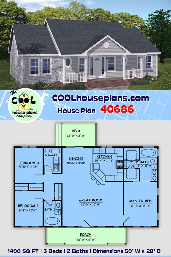 3 Bedroom Home Floor Plans   Small House Plan Ranch Floor Plan 1400 Sq Ft 3 Bedrooms And 2 Full Baths House  Farmhouse Building  House Floor  Ranch Ranch Style House