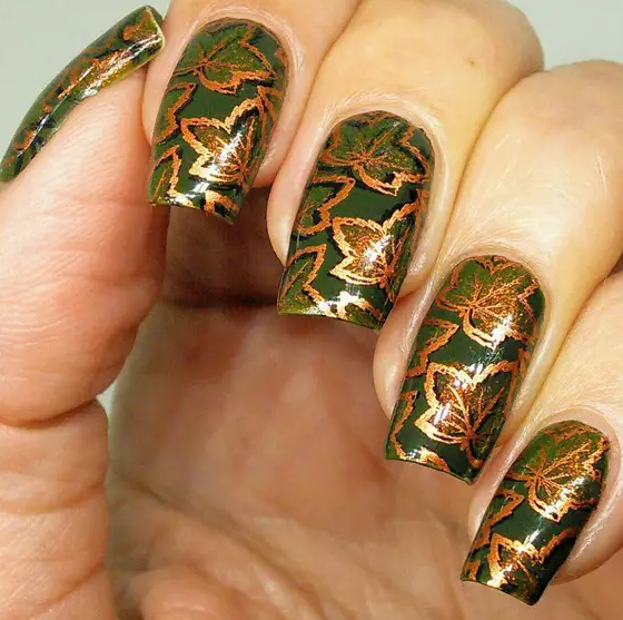 Autumn Leaf Nail Art   Forest Green With Metallic Leaf Accents