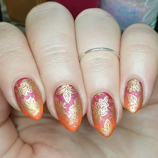 Autumn Leaf Nail Art   Sunrise Gradient With White Leaf Stencils