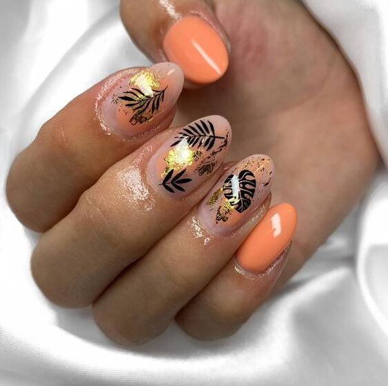 Autumn Leaf Nail Art   Translucent Elegance With Leaf And Glitter