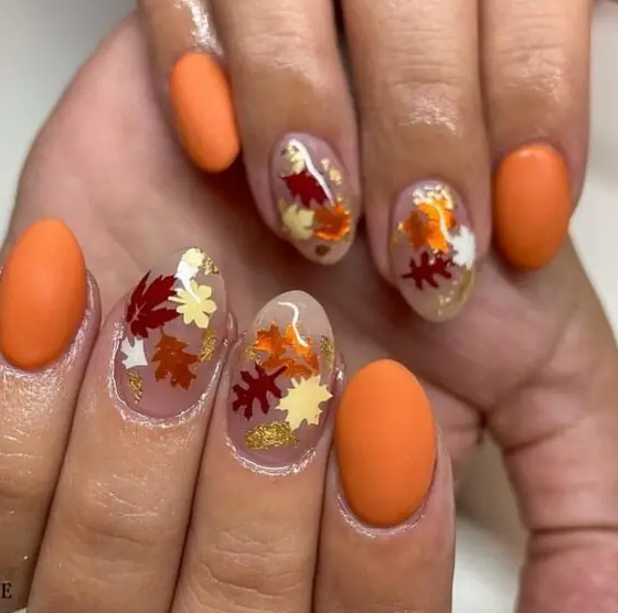 Autumn Leaf Nail Art   Vibrant Orange And Transparent Fall