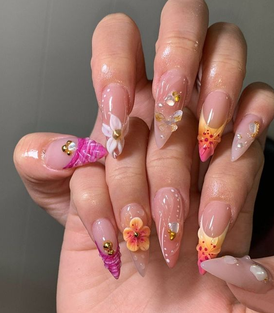 Nails Flower   3d Summer Flower Nails Hand Painted Nail Floral Nails Pink Nails Gel Nails Sparkly Nails Stylish Nails Oval Nails