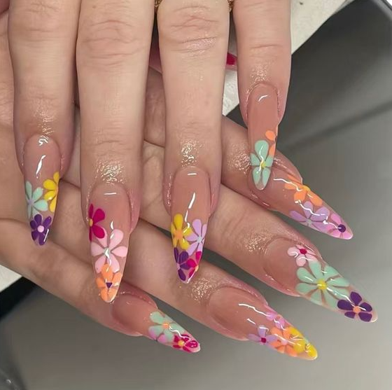 Nails Flower   Long Stiletto Colorful Flower Creative Design Press On Nails Gel Nails Floral Nails Nail Designs Long Nails Simple Nails Nail Colors