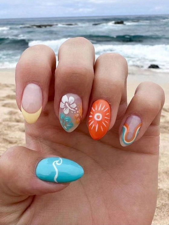 Nails Flower   Medium Length Almond Fake Nails Holiday Sun Flowers Beachy Nails Summery Nails Summer Nails Beach Nail Designs Beach Nails Cute Gel Nails