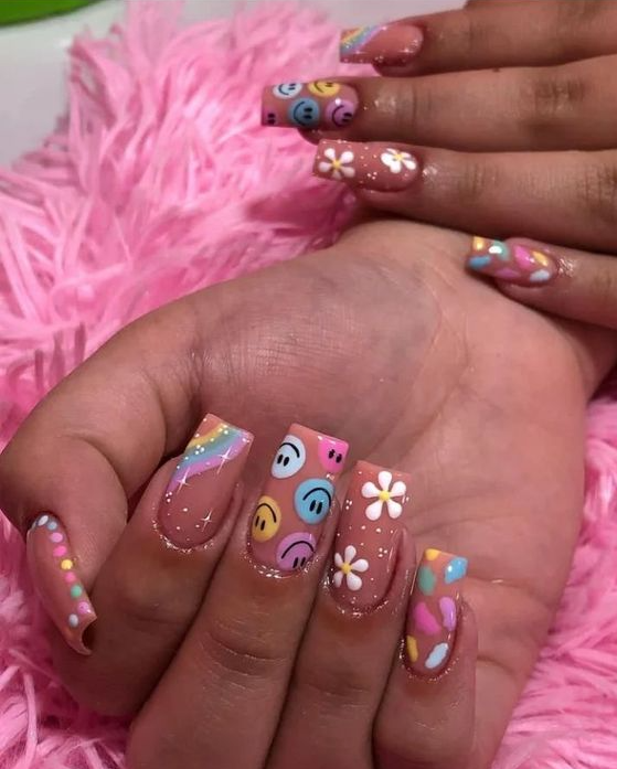 Nails Flower   Shades Of Pink Valentine Nails Short Acrylic Nails Design Hippie Nails Retro Nails Rave Nails Short Acrylic Nails Nail Designs