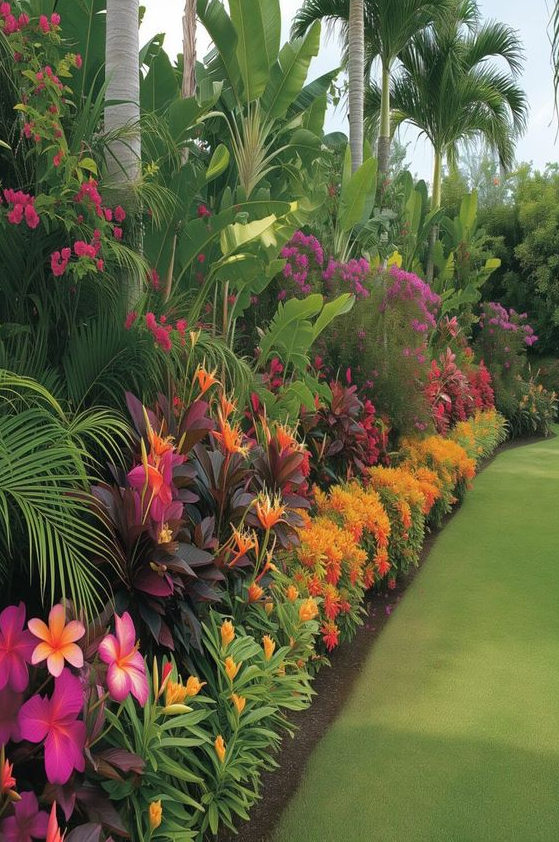 Plant   Florida Backyard Ideas Tropical Landscaping Vibrant Beds & Palm Trees Tropical Landscaping Tropical Garden Design Tropical Backyard Landscaping Tropical Garden