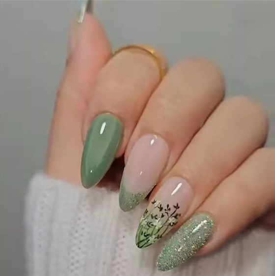 Almond Short False Nail Spring Green Cat's Eye Press On Nails For Nail Art Green Nails Nail Designs Nail Colors Nail Art FLoral Nails Acrylic Nails