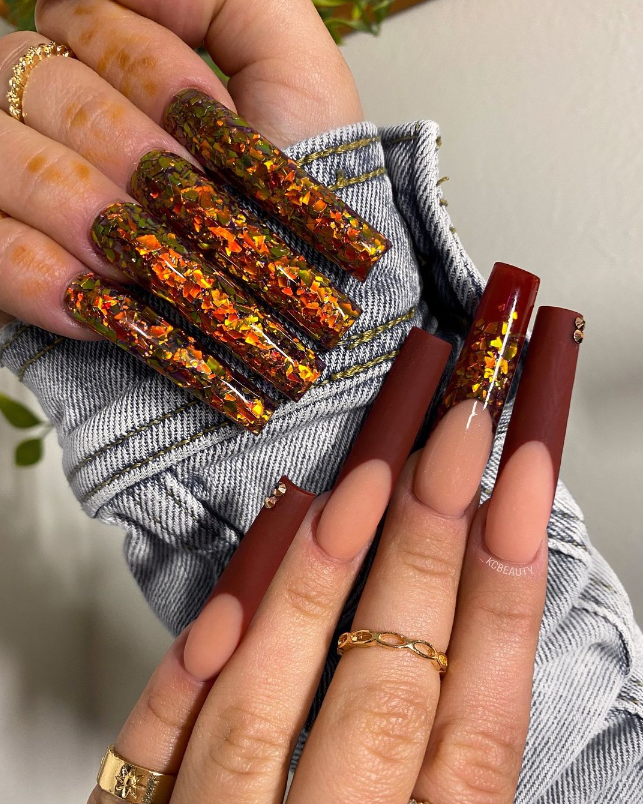 Autumn Glitter And Matte Nails