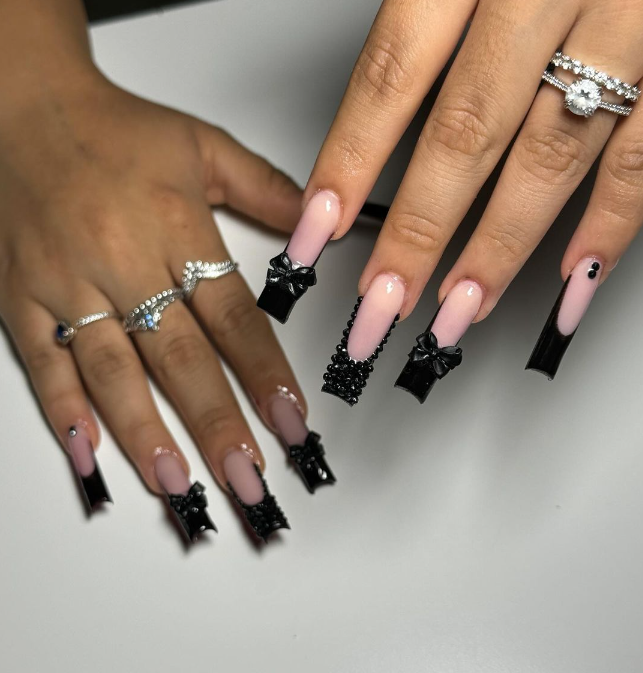 Black Bow And Beads Nails