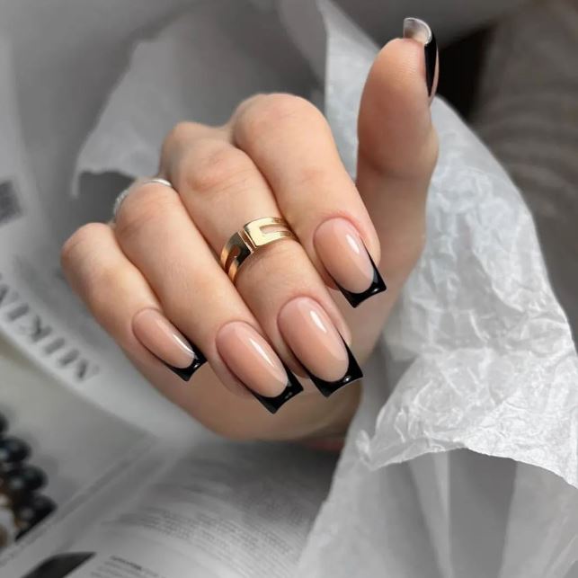 Black French Tips On Nude Nails