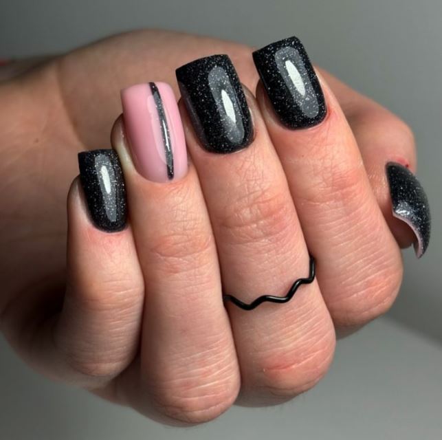 Black Glitter And Pink Nails