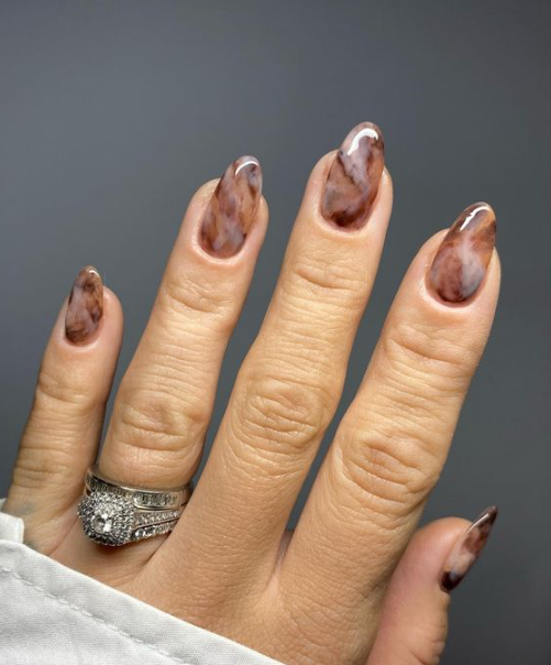 Brown Marble Almond Nails