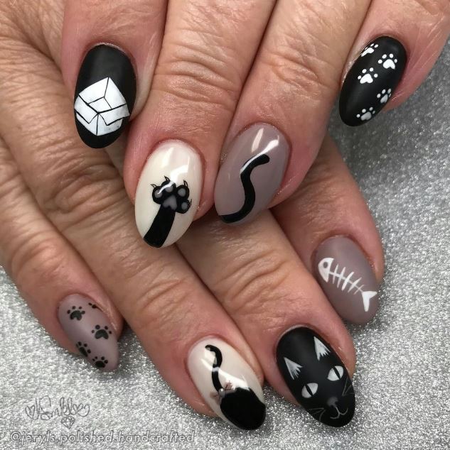 Cat Themed Black And Gray Nails