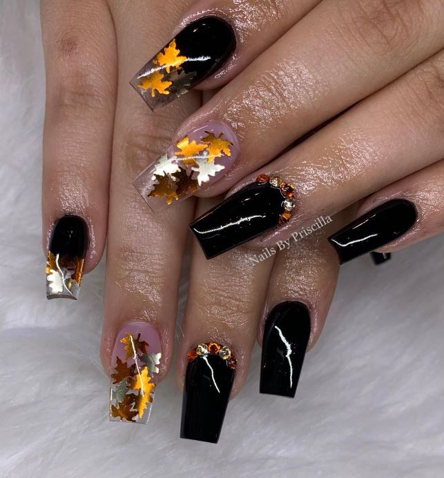 Fall Leaves On Black Nails