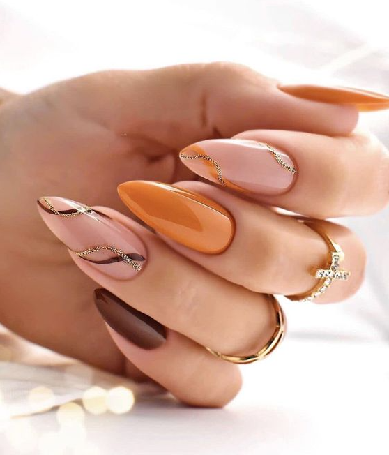 False Nails Almond Gloss Glitter Waves Brown Orange Mix Orange Acrylic Nails Nails Gel Nails Stylish Nails False Nails Fake Nails