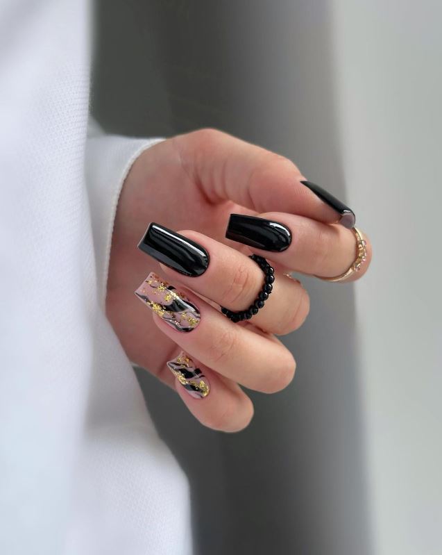 Glossy Black And Gold Foil Nails