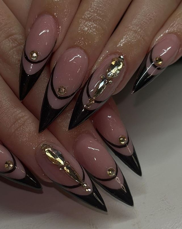 Gold Embellished Black Stiletto Nails