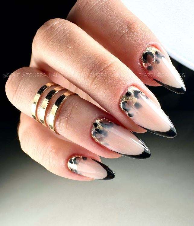 Gold Tipped Black Almond Nails