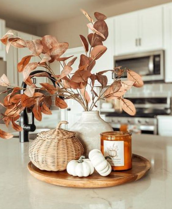 Gorgeous Fall Centerpiece Ideas To Brighten Up Your Dining Table   Minimal Wood Tray With Fall Accents