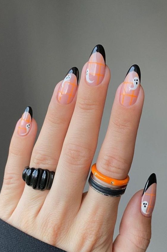 Halloween Nails Black Tip With Ghost Design Fake Nails Glue On Nails Press On Nails Halloween Nails Gel Nails Stylish Nails Nails Pumpkin Nails Halloween Acrylic Nails